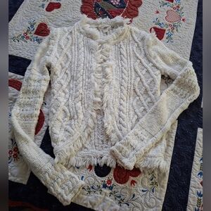 Chelsea & Violet Chunky BOHO Fringed Frayed Creamy Cotton Open Sweater Wom Sm